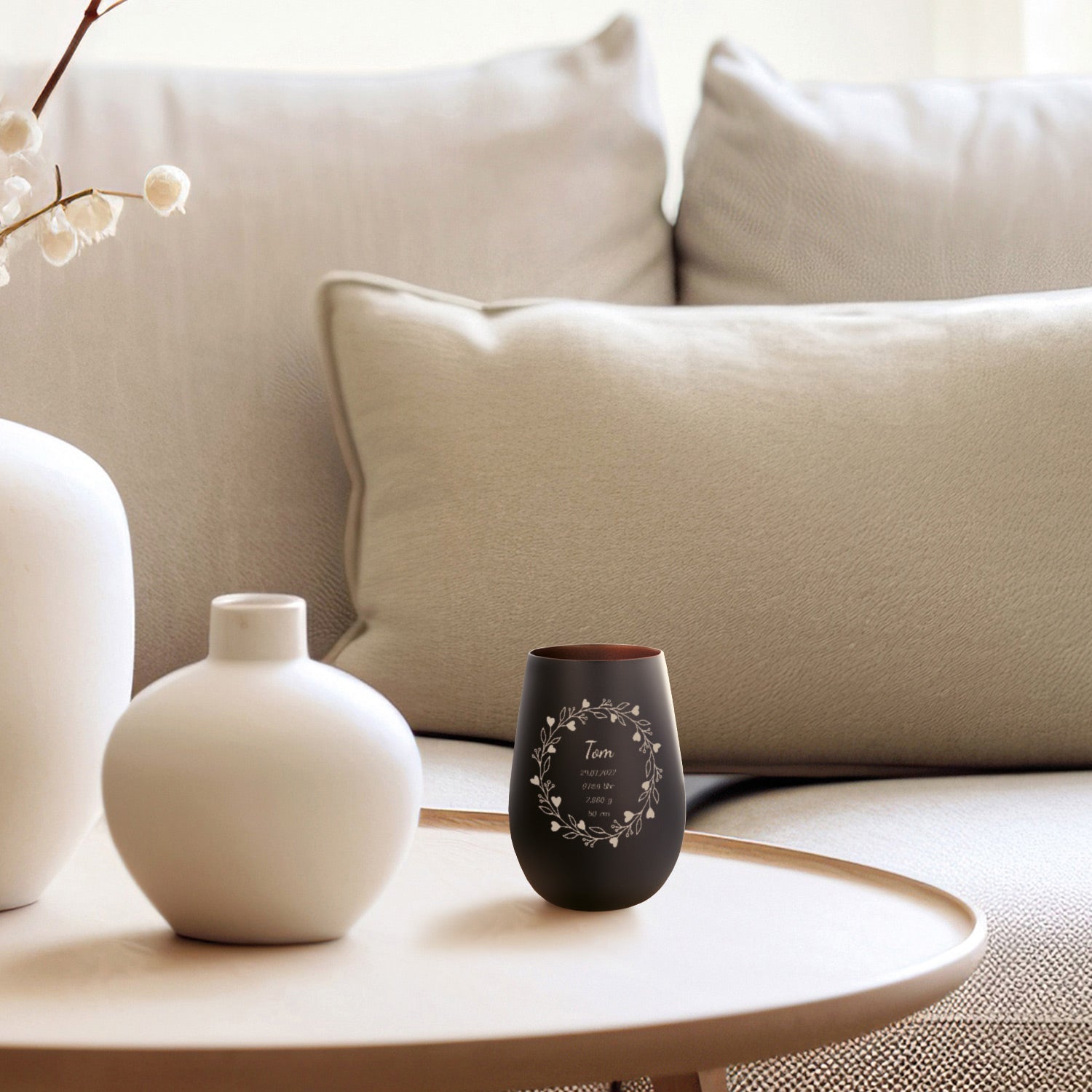 Deko Windlicht aus Glas mit Gravur - Geschenk zur Geburt - Personalisiert mit Namen