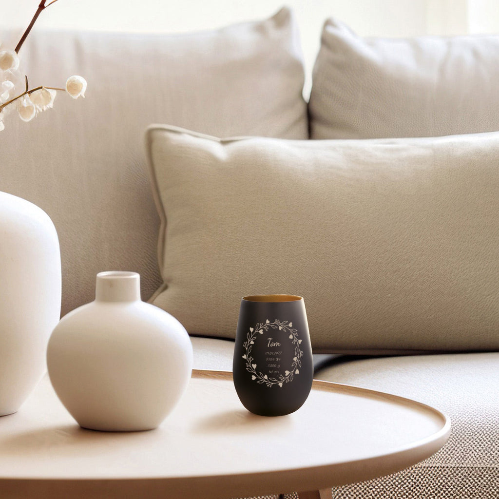 Deko Windlicht aus Glas mit Gravur - Geschenk zur Geburt - Personalisiert mit Namen