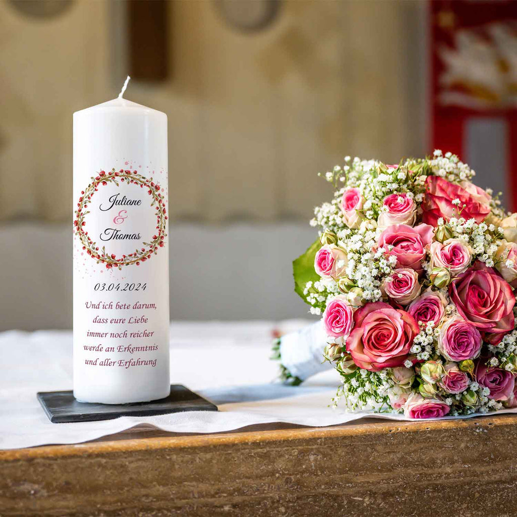 Große Kerze "Roter Mohn" - Hochzeitskerze mit Namen, Datum und Wunschtext