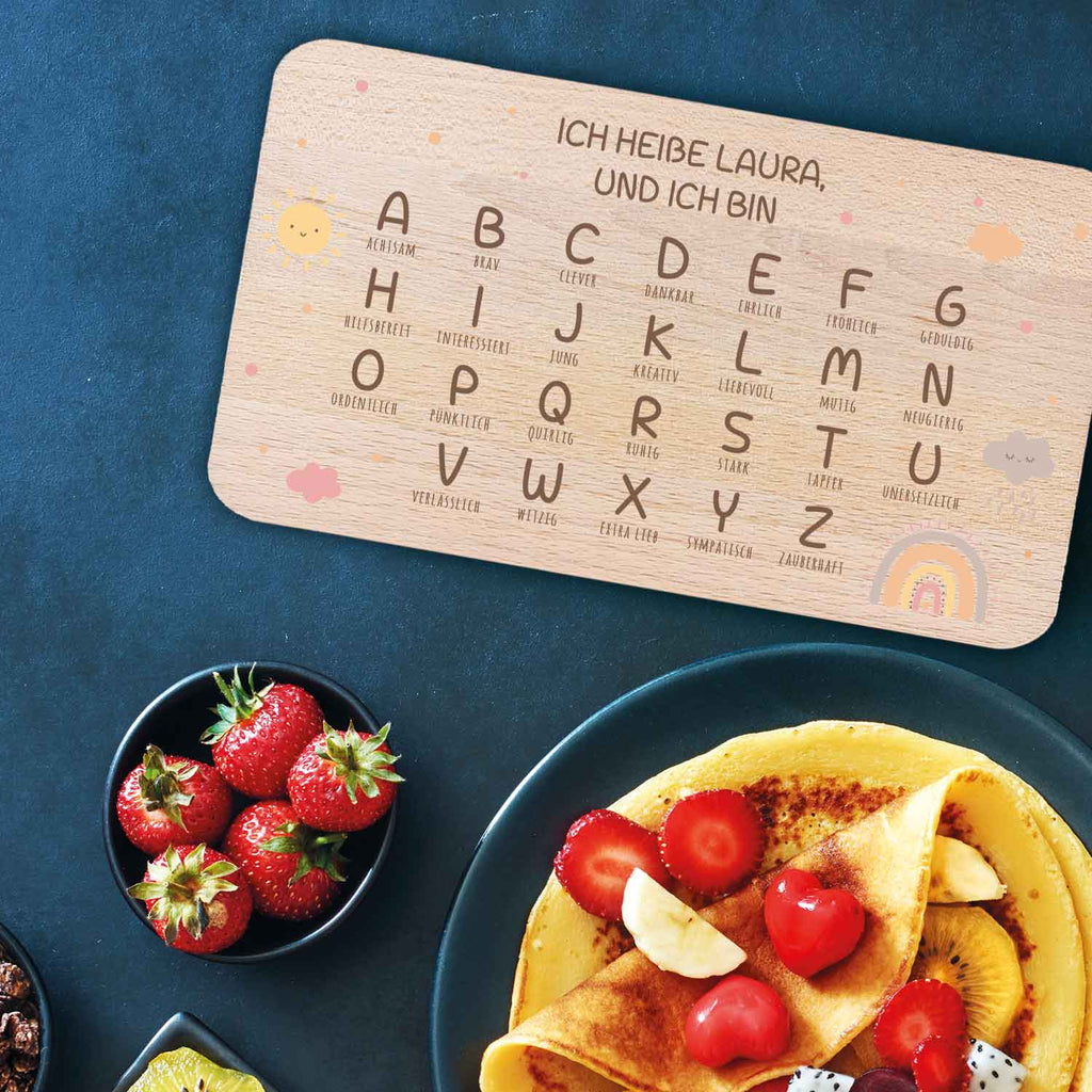 Frühstücksbrettchen mit Druckmotiv & Name - ABC Regenbogen