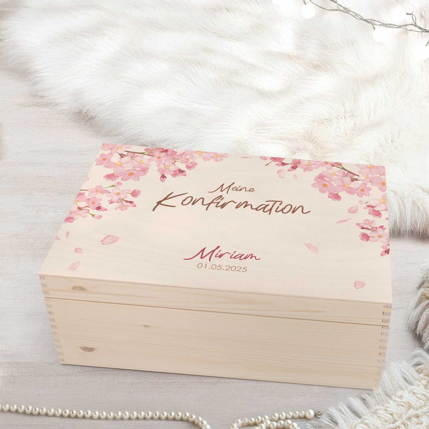 Bedruckte Erinnerungskiste zur Kommunion & Konfirmation - Kirschblüten