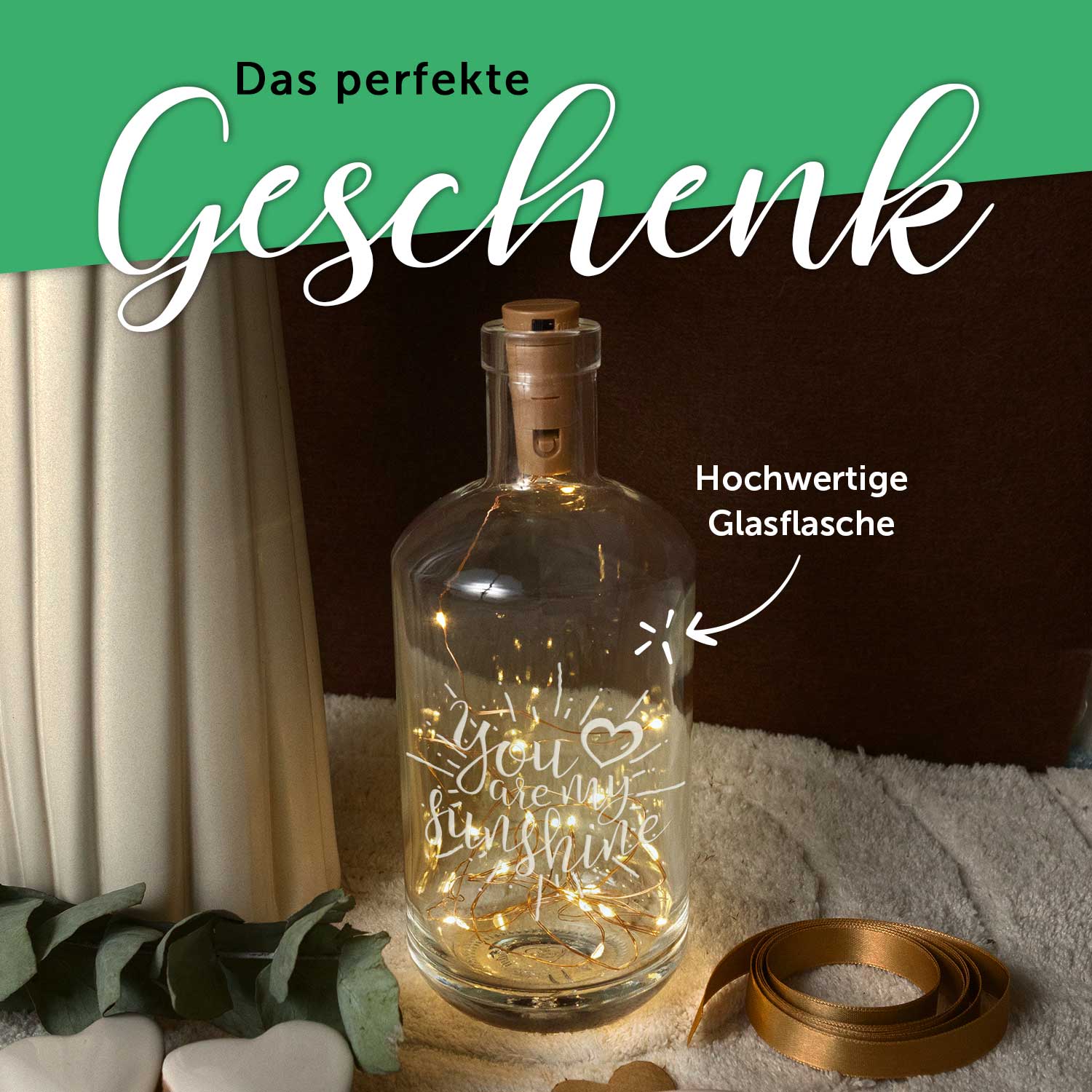 Flaschenlicht mit LED-Lichterkette und Gravur "You are my sunshine"