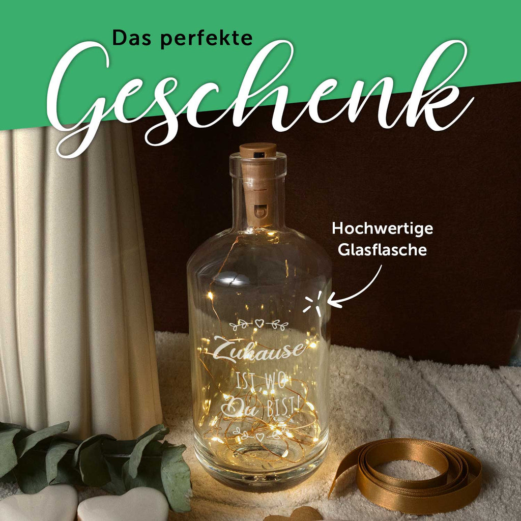 Flaschenlicht mit LED-Lichterkette und Gravur "Zuhause ist wo du bist"