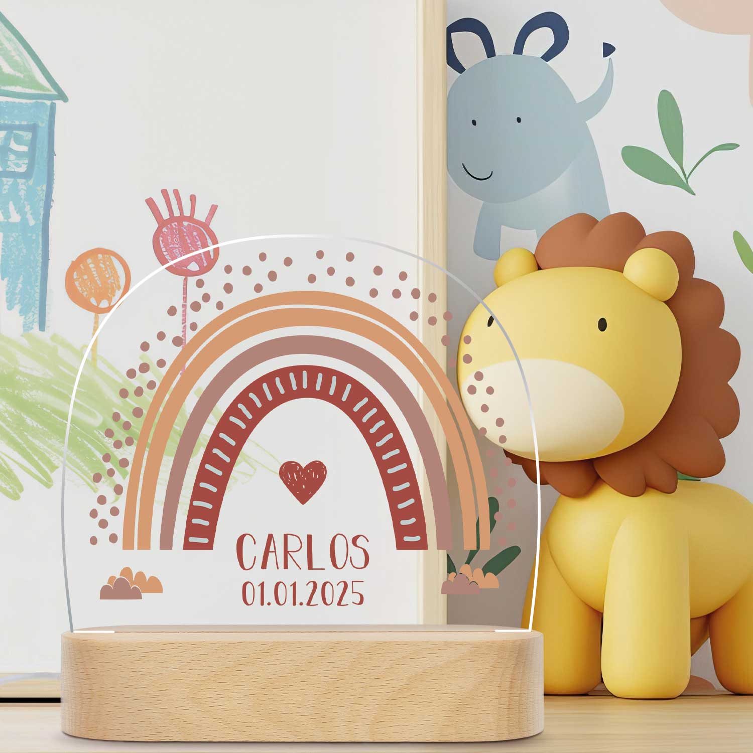 Kinder LED Nachtlicht mit Sockel aus Holz im Regenbogen Design