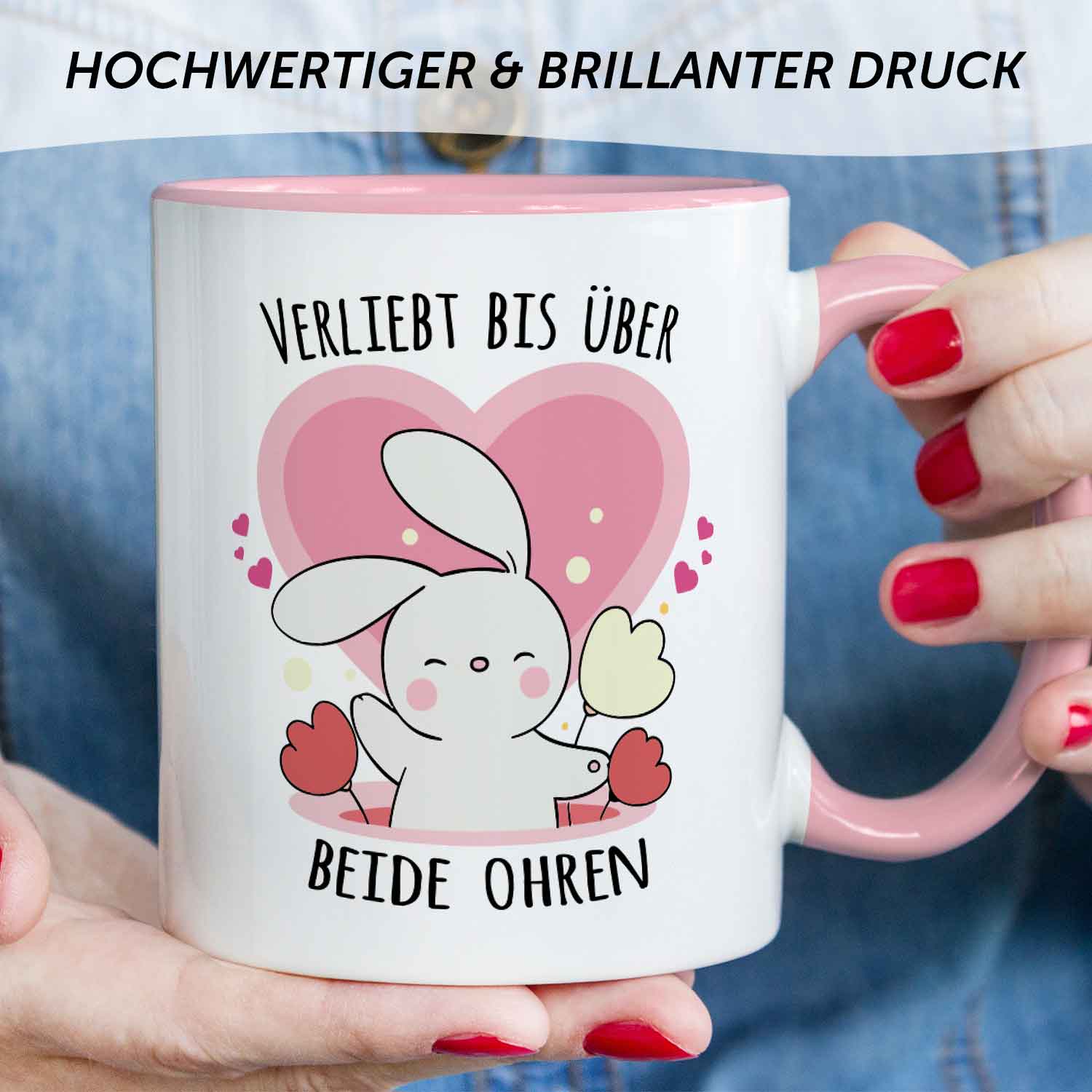 Bedruckte Tasse mit Spruch - Verliebt bis über beide Ohren