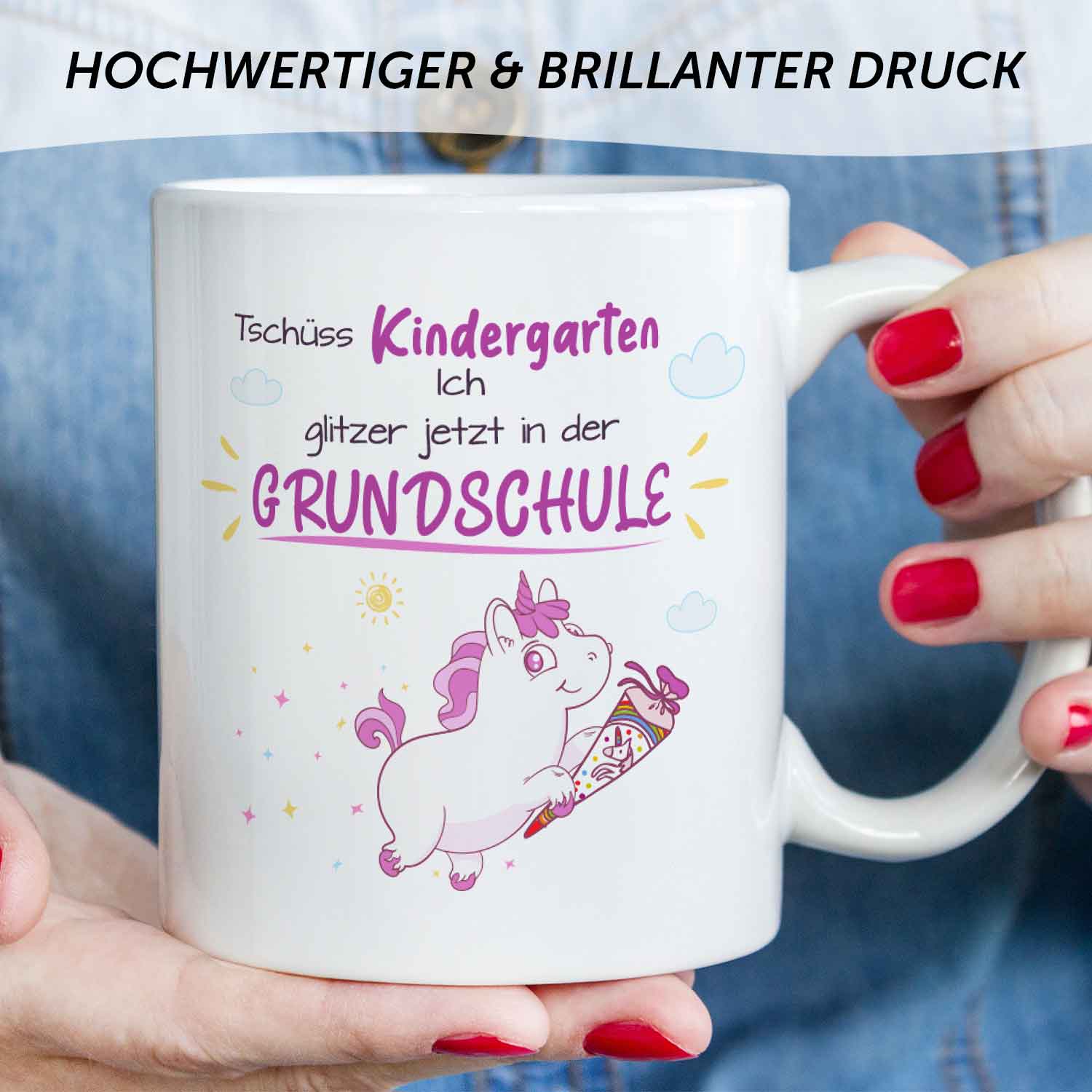 Bedruckte Tasse mit Spruch - Tschüss Kindergarten ich glitzer in der Grundschule