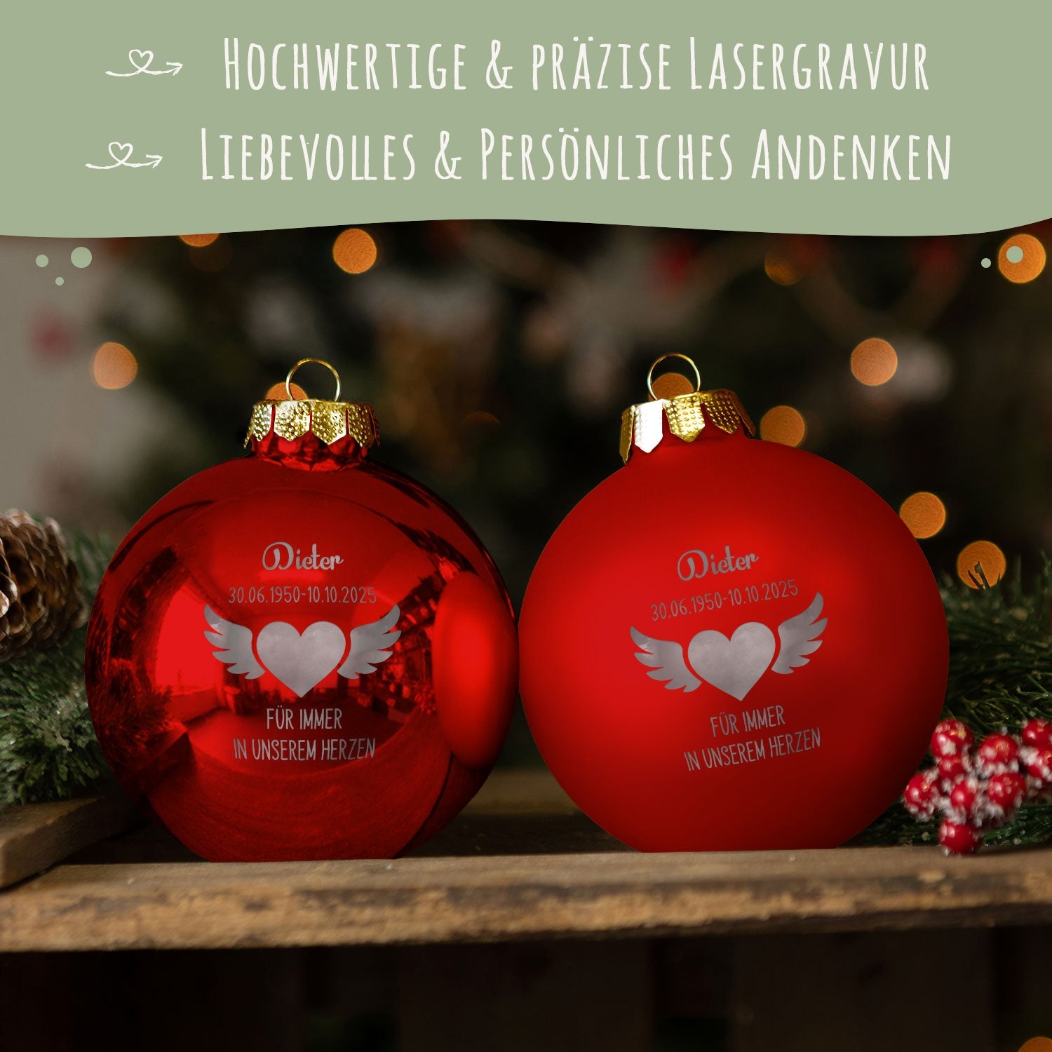 Gravierte Weihnachtskugel - Flügelherz