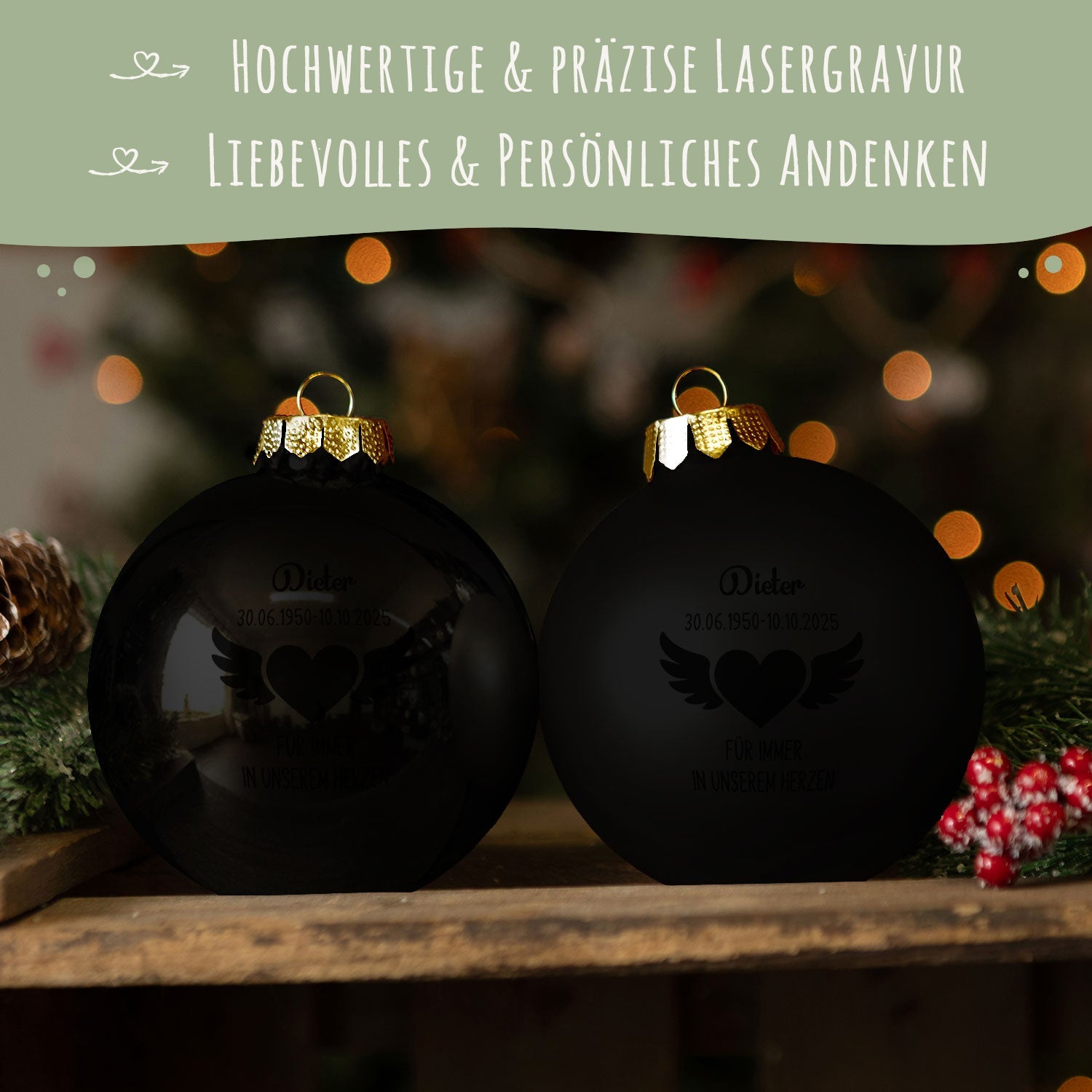 Gravierte Weihnachtskugel - Flügelherz