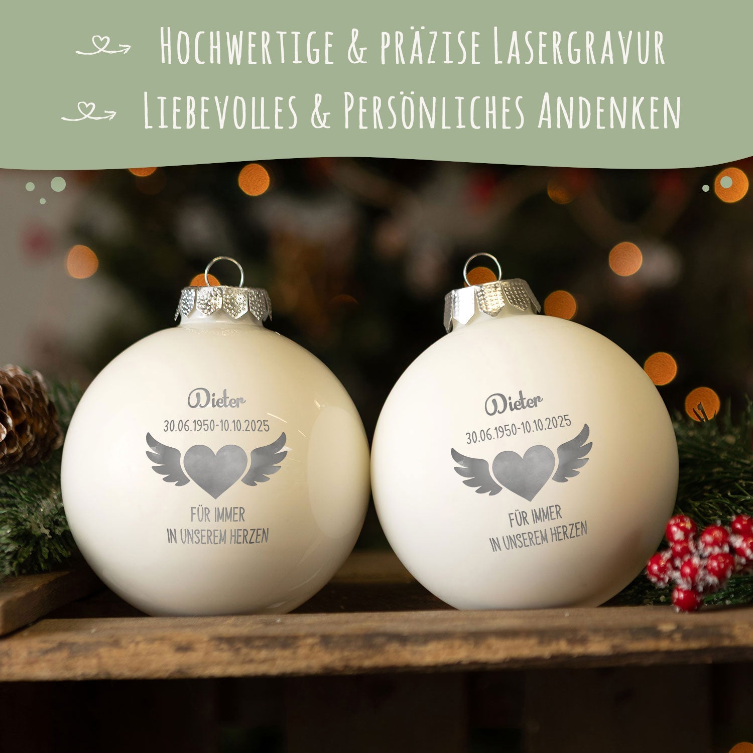 Gravierte Weihnachtskugel - Flügelherz