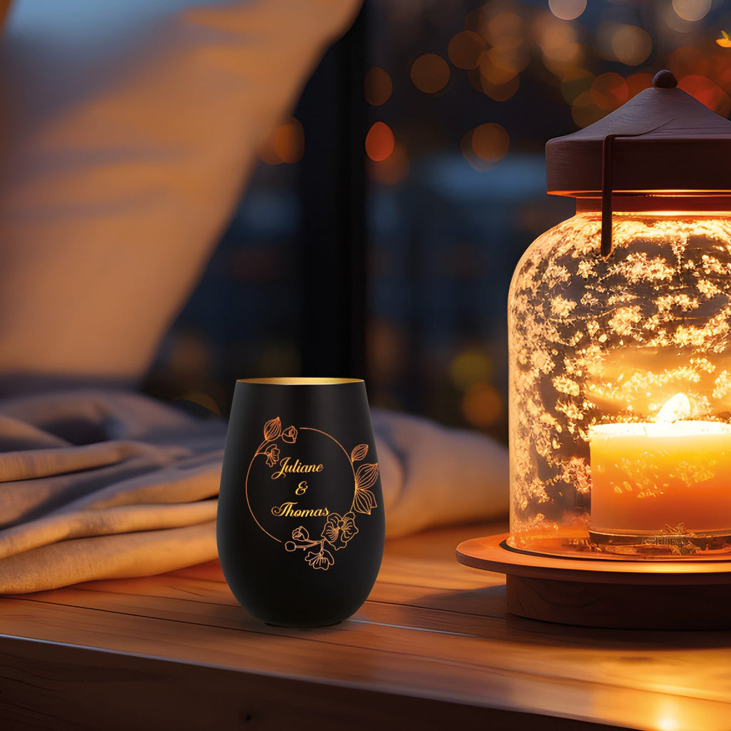 Deko Windlicht aus Glas mit Gravur - Nature Circle Flower - Personalisiert mit Namen