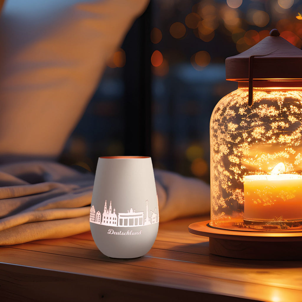 Deko Windlicht aus Glas mit Gravur - Skyline Deutschland