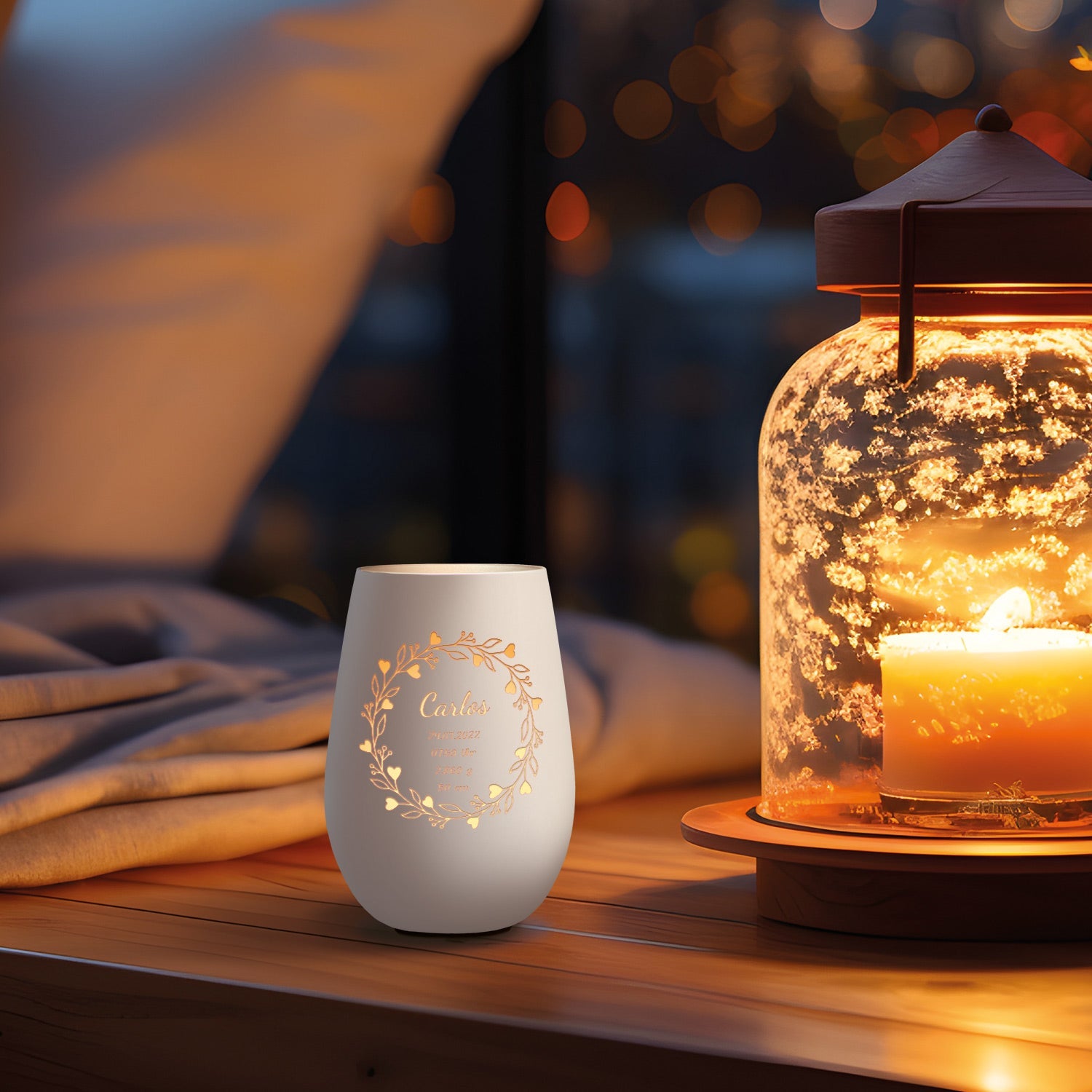 Deko Windlicht aus Glas mit Gravur - Geschenk zur Geburt - Personalisiert mit Namen