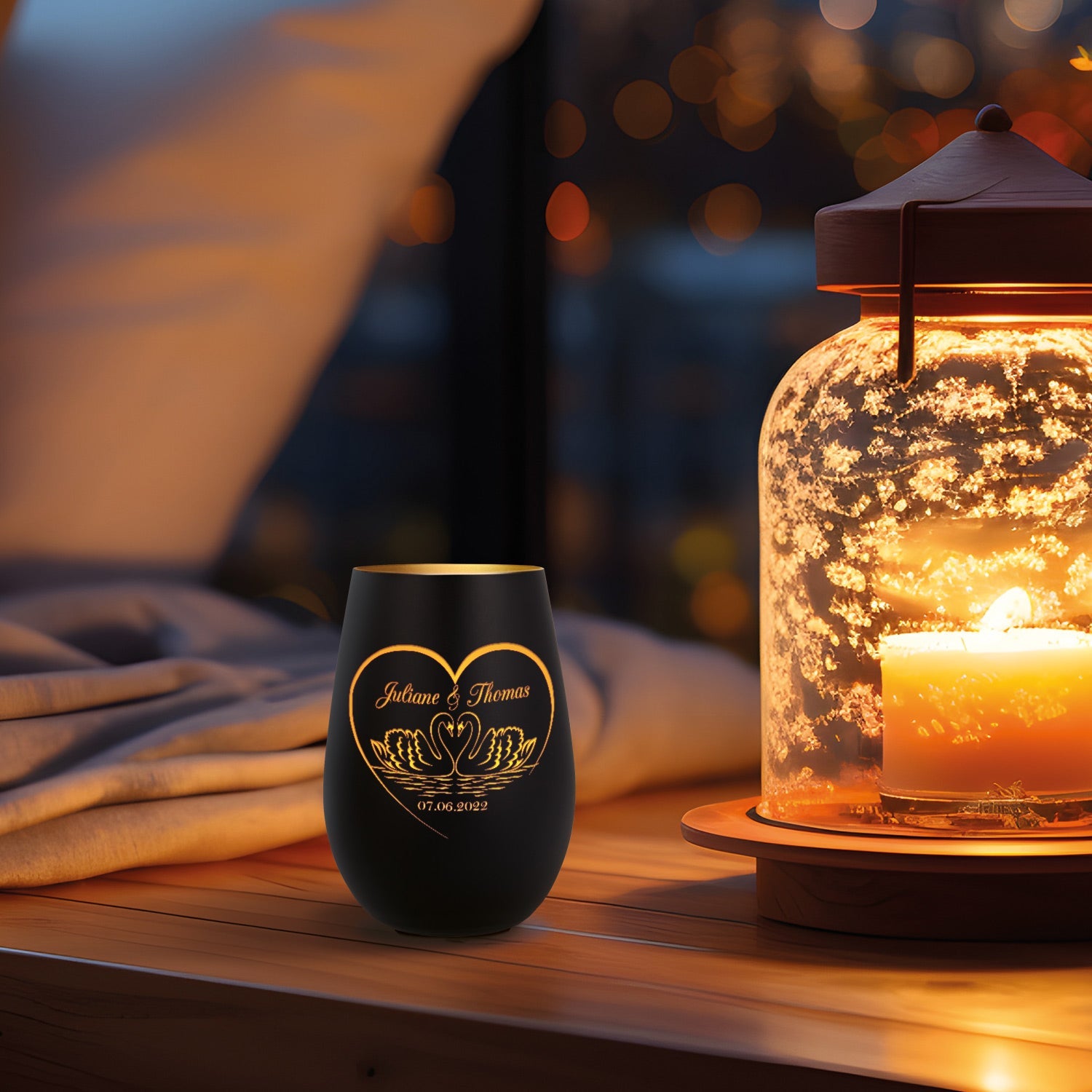 Deko Windlicht aus Glas mit Gravur - Schwanenherz - Personalisiert mit Namen & Datum