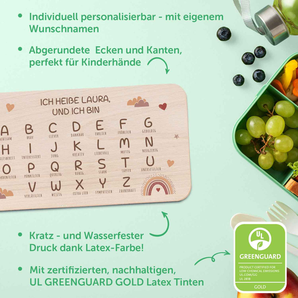Frühstücksbrettchen mit Druckmotiv & Name - ABC Regenbogen