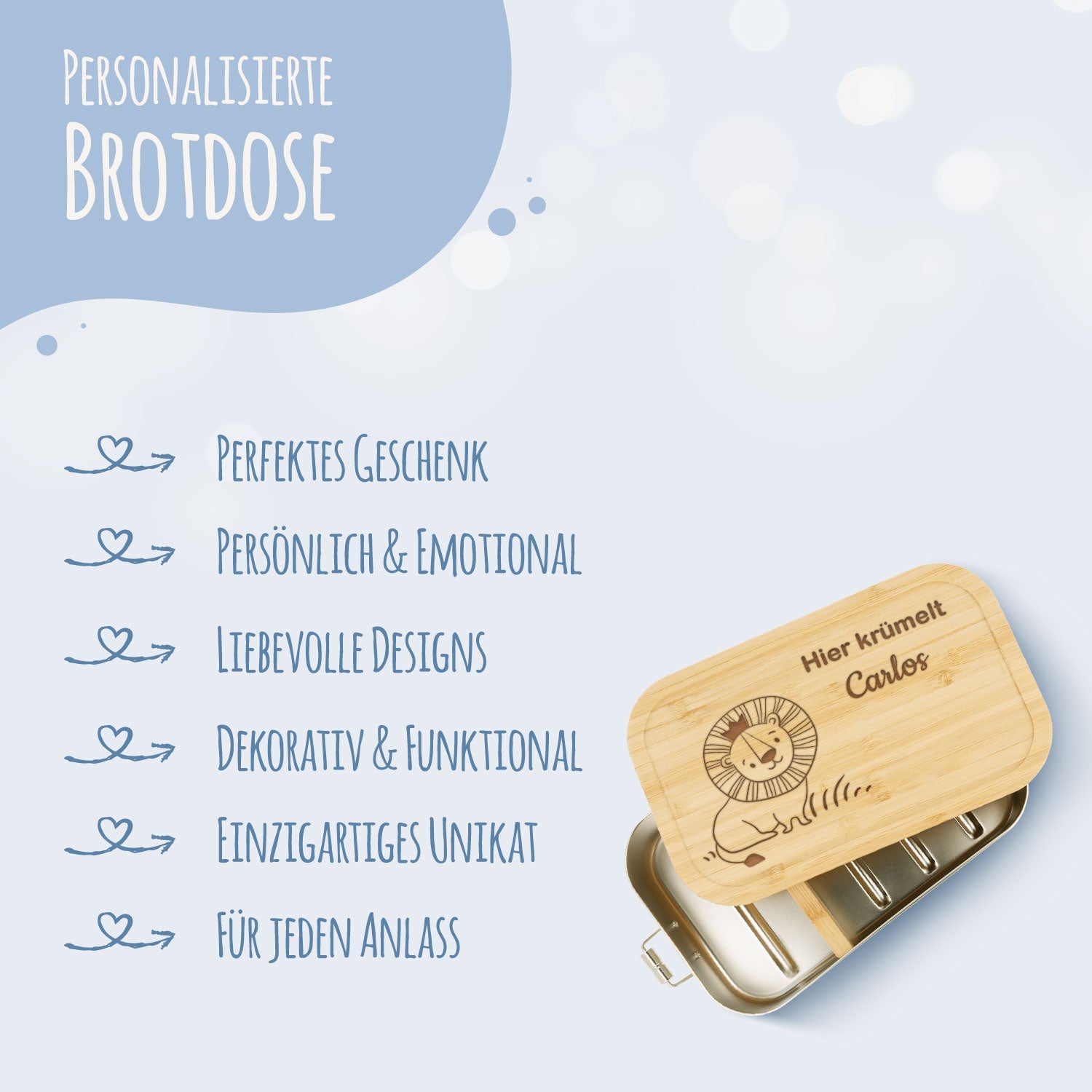 Brotdose mit graviertem Deckel für Kinder im "Löwe" Design