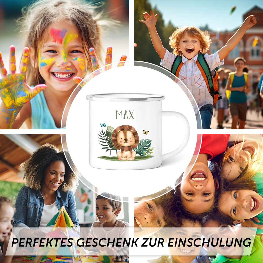Emaille Tasse für Kinder - Personalisiert mit Namen - Tiergruppe Safari