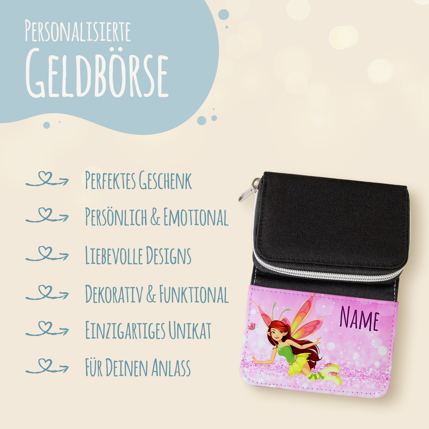 Bedruckte Geldbörse für Kinder im Zauberfee Design