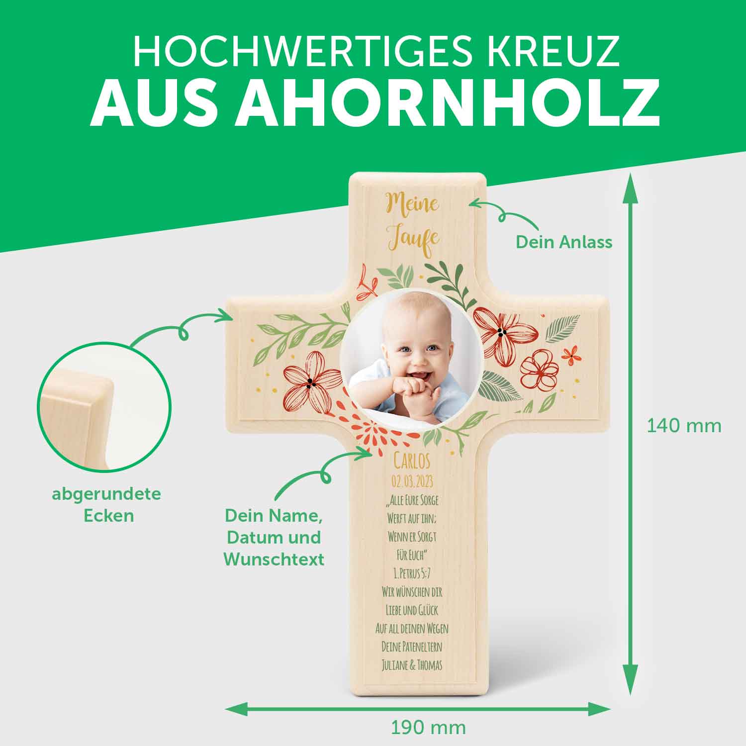 Personalisierbares Holzkreuz zur Taufe Konfirmation oder Kommunion - Mit eigenem Foto - Blumenkranz