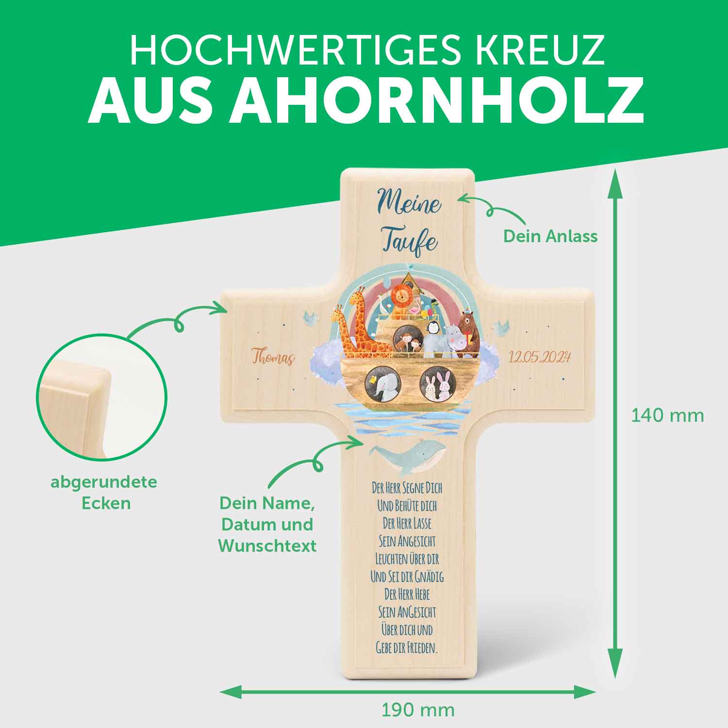 Personalisierbares Holzkreuz zur Taufe Konfirmation oder Kommunion - Arche Design