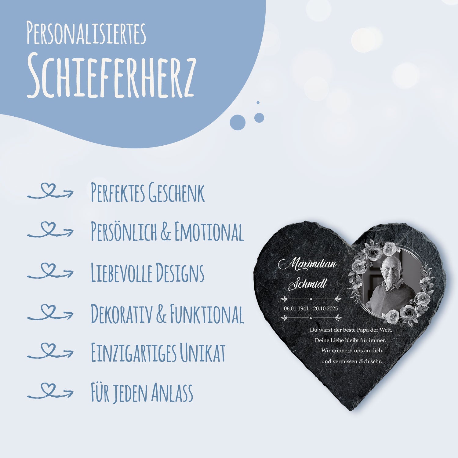 Bedrucktes Schieferherz - In Gedenken V1 - Personalisiertes Geschenk