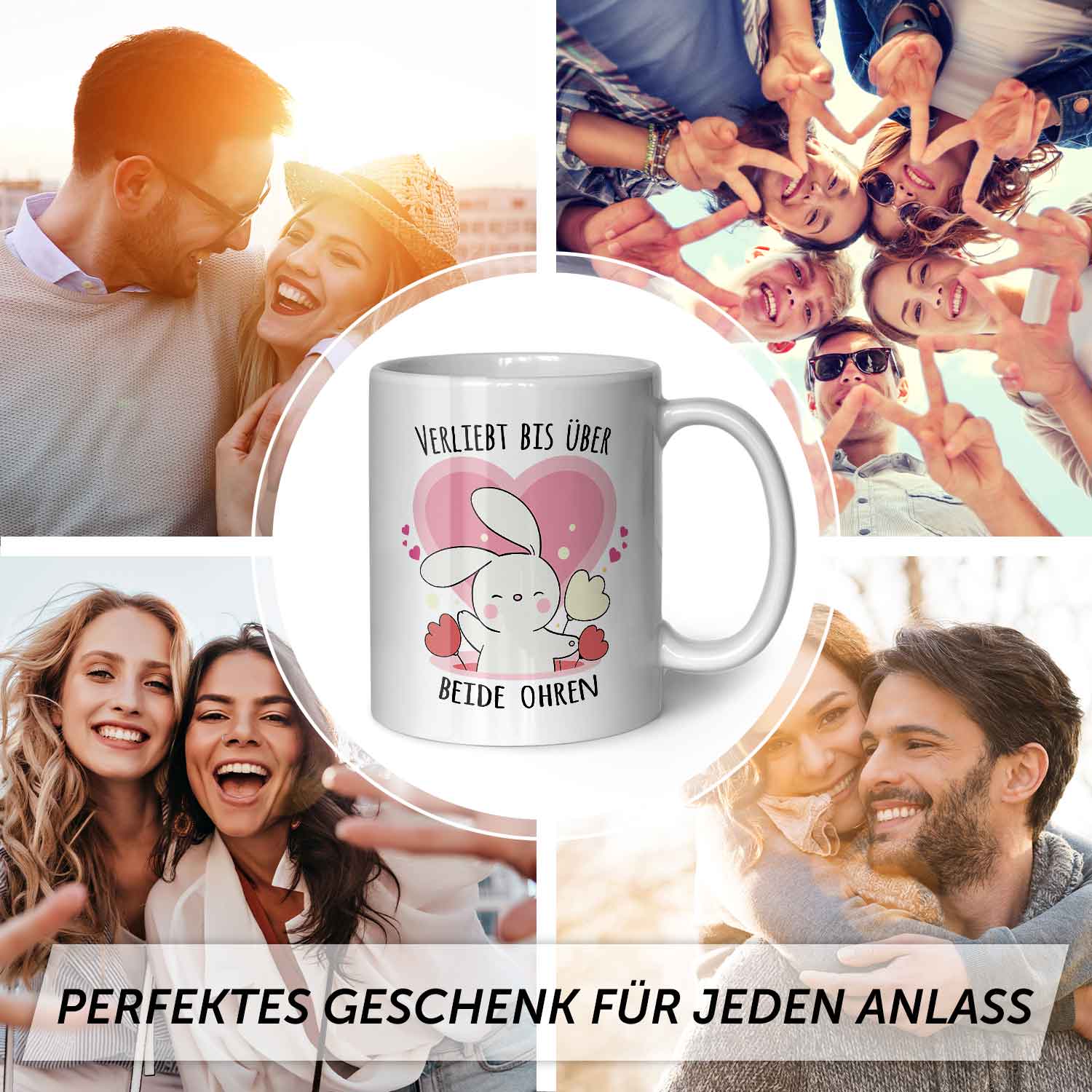 Bedruckte Tasse mit Spruch - Verliebt bis über beide Ohren