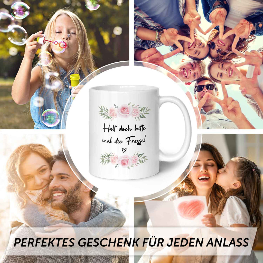 Bedruckte Tasse mit Spruch - "Halt doch bitte mal die Fresse!"
