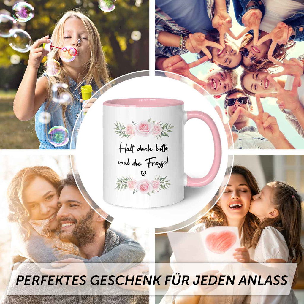 Bedruckte Tasse mit Spruch - "Halt doch bitte mal die Fresse!"