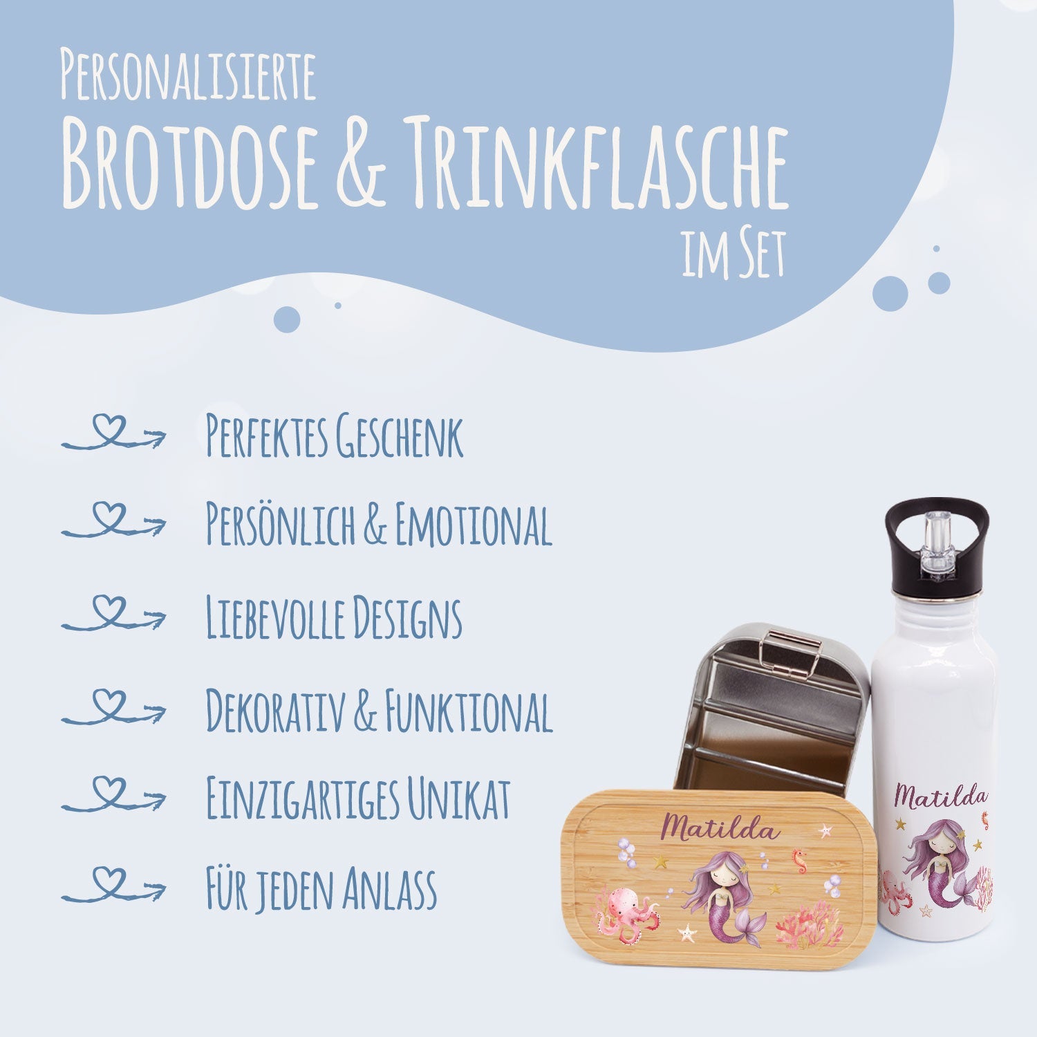 Bedruckte Brotdose & Trinkflasche im Set - Meerjungfrau