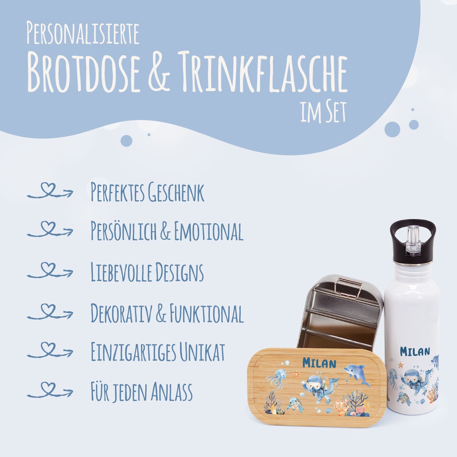 Bedruckte Brotdose & Trinkflasche im Set - Taucher