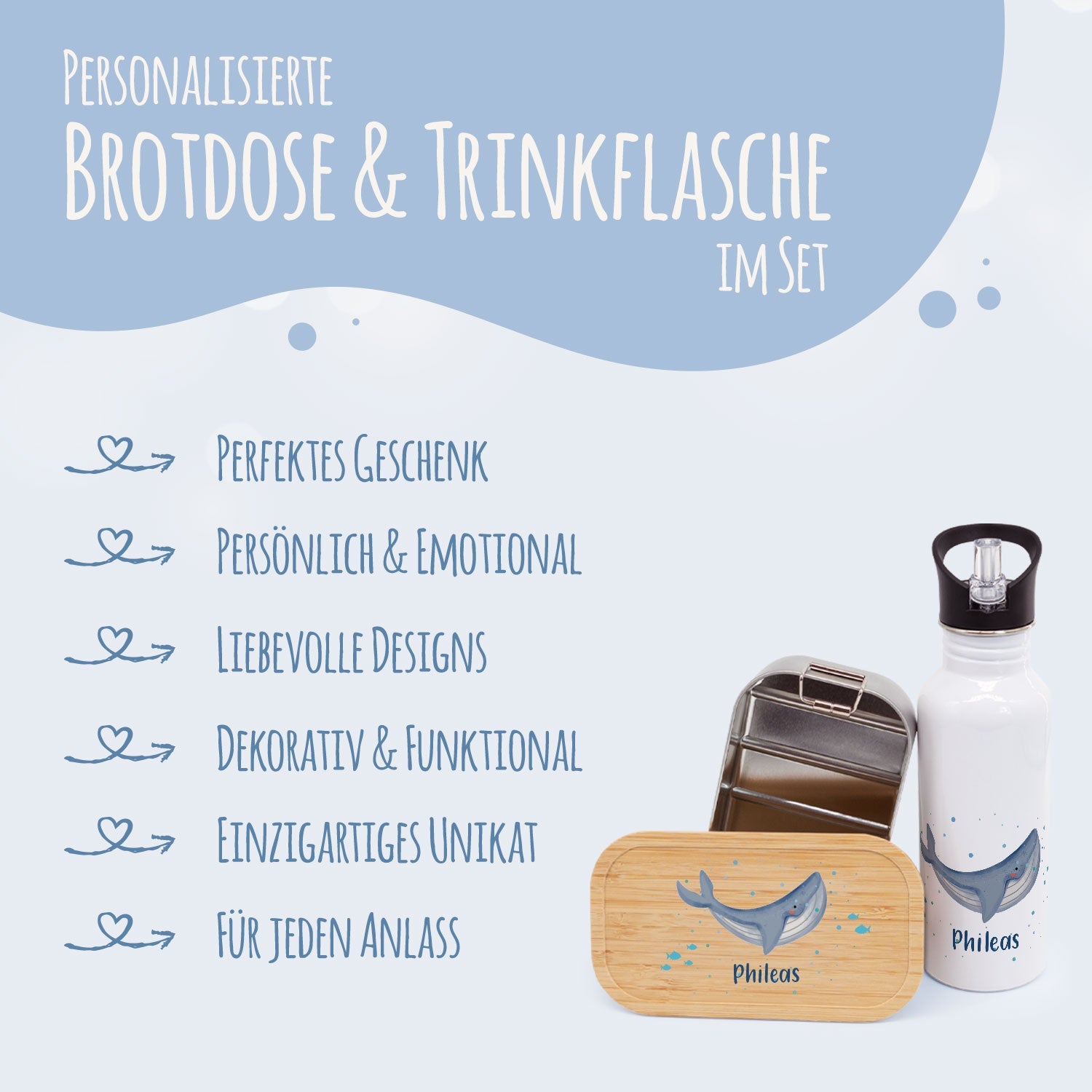 Bedruckte Brotdose & Trinkflasche im Set - Wal
