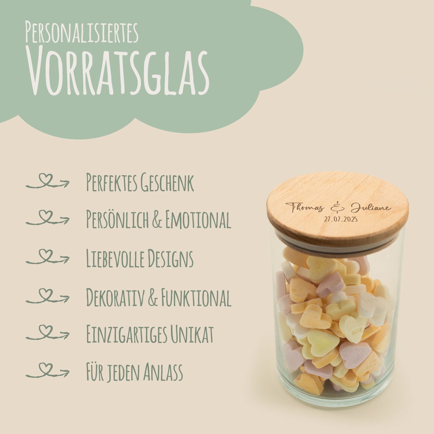 Graviertes Vorratsglas mit Holzdeckel - Namen Symbol