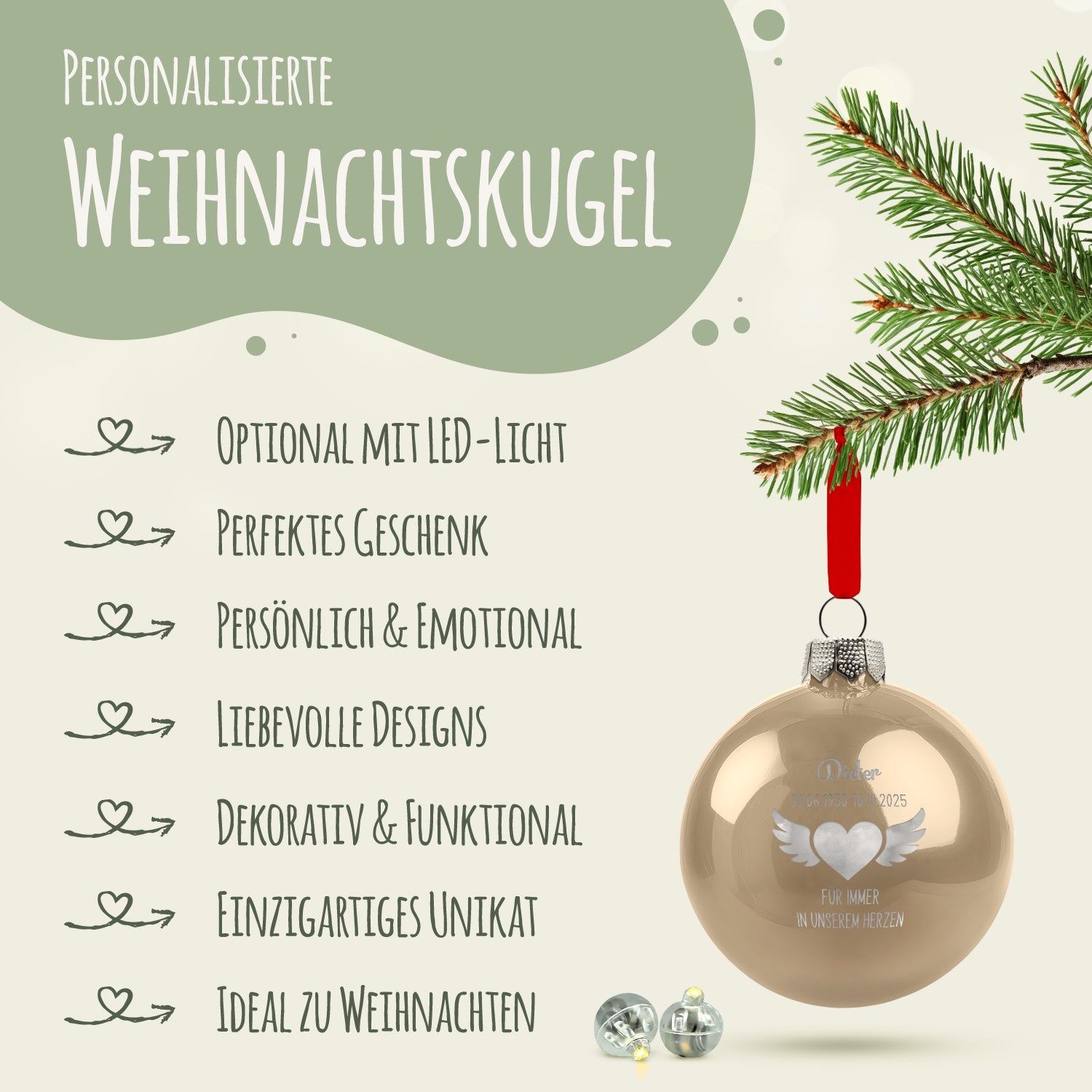 Gravierte Weihnachtskugel - Flügelherz