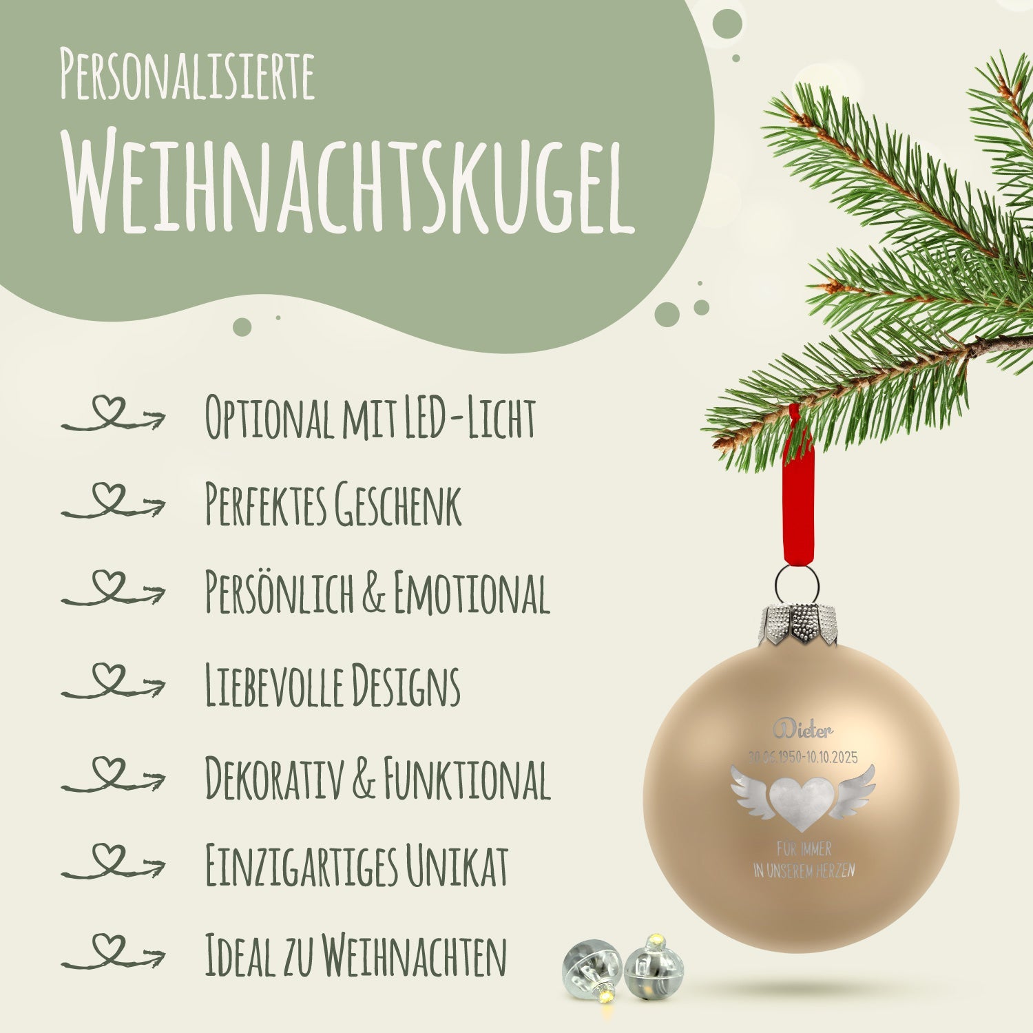 Gravierte Weihnachtskugel - Flügelherz