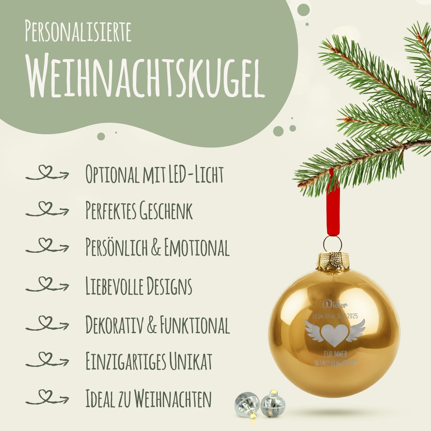 Gravierte Weihnachtskugel - Flügelherz