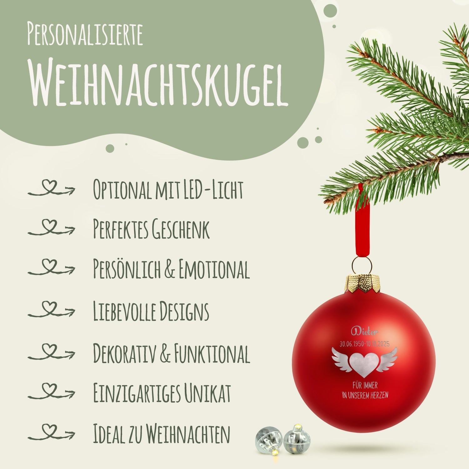 Gravierte Weihnachtskugel - Flügelherz