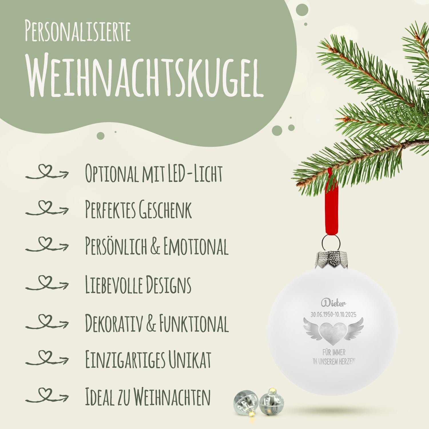 Gravierte Weihnachtskugel - Flügelherz