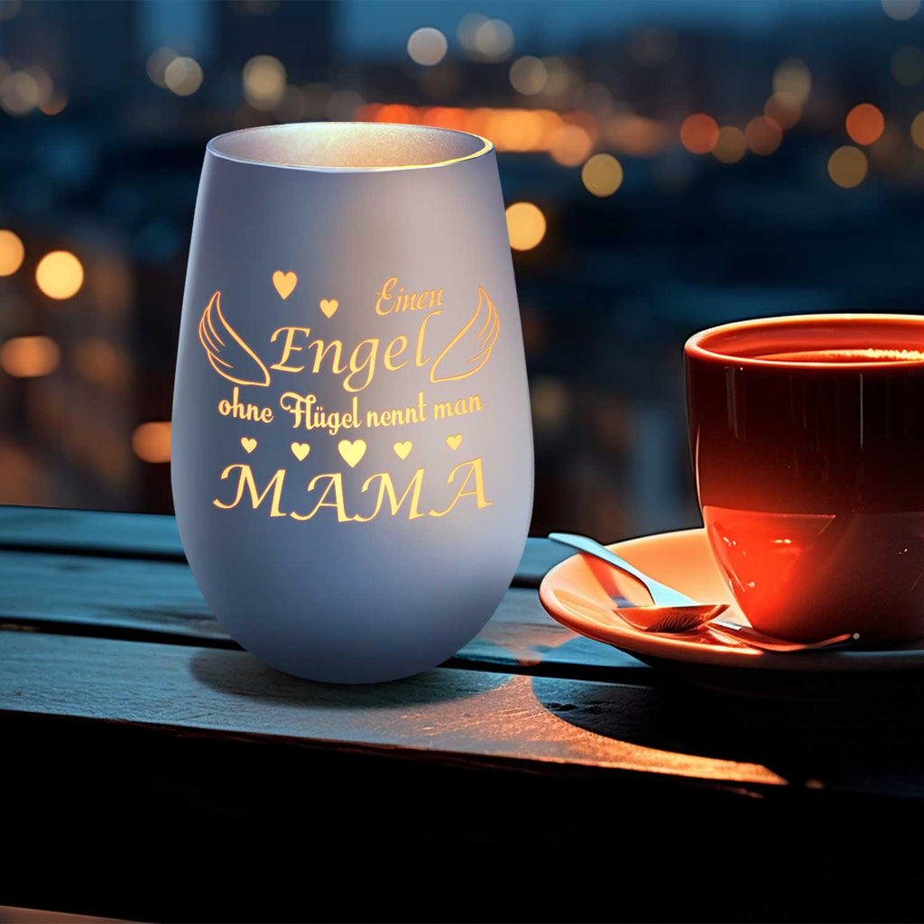 Deko Windlicht aus Glas mit Gravur - Einen Engel ohne Flügel nennt man Mama - Zum Mutterag