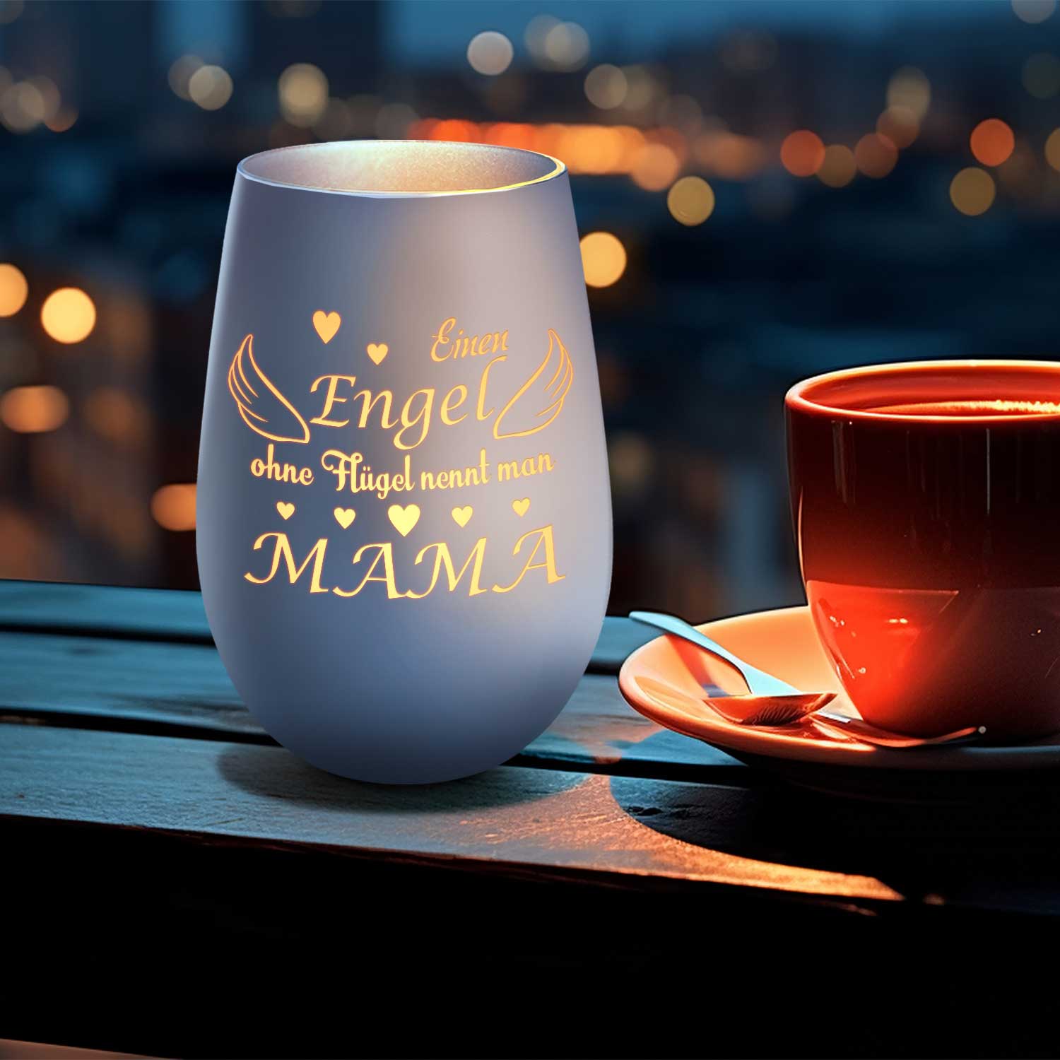 Deko Windlicht aus Glas mit Gravur - Einen Engel ohne Flügel nennt man Mama - Zum Mutterag