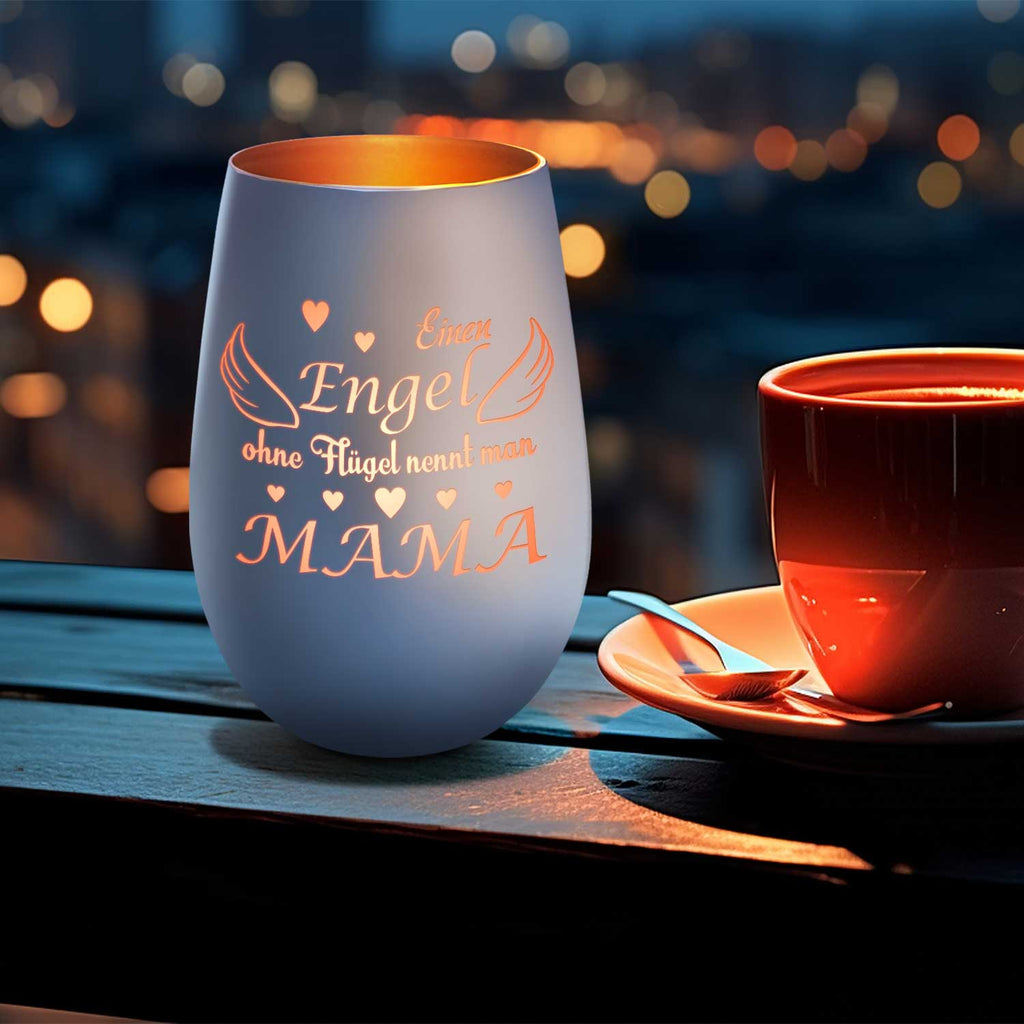Deko Windlicht aus Glas mit Gravur - Einen Engel ohne Flügel nennt man Mama - Zum Mutterag