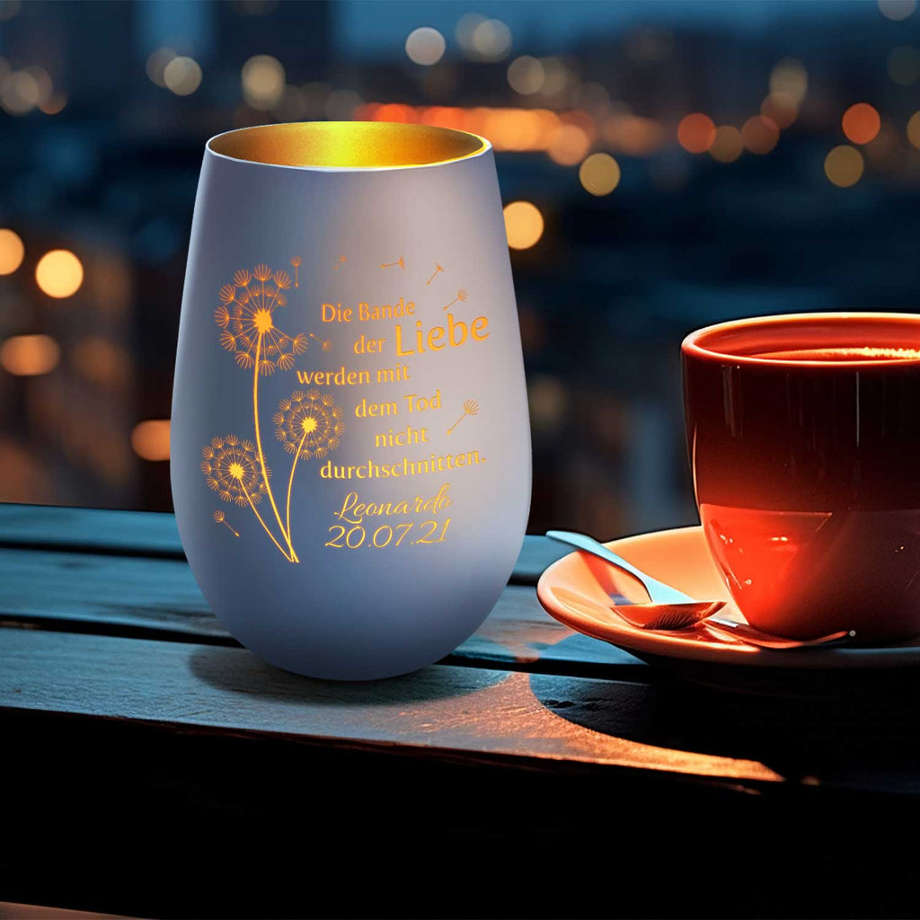Deko Windlicht aus Glas mit Gravur - Pusteblumen - Personalisiert mit Namen & Datum
