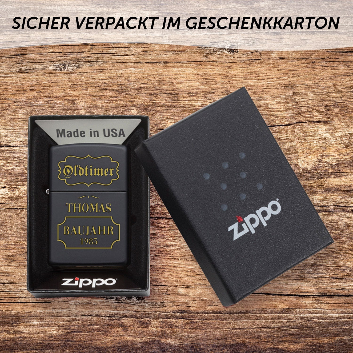 GRAVURZEILE x ZIPPO Personalisiertes Sturmfeuerzeug - Oldtimer - Windfest und Langlebig - Nachfüllbar