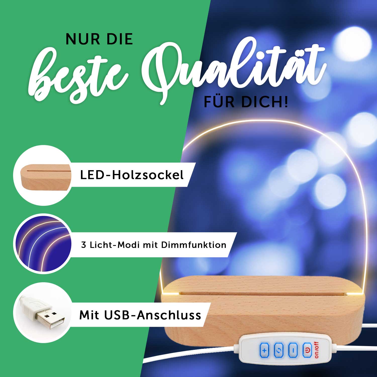 Kinder LED Nachtlicht mit Sockel aus Holz - "Schlafende Tiere"