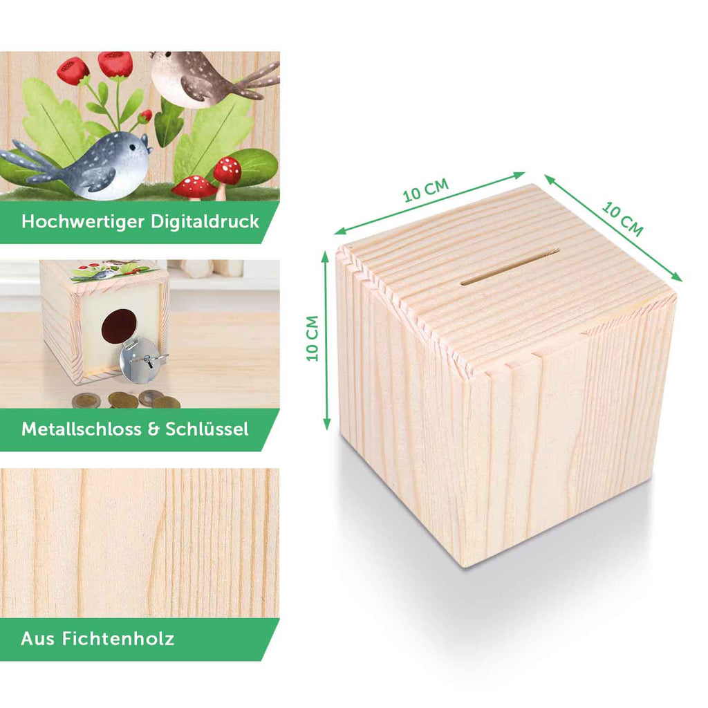 Spardose aus Holz - Tiermotive mit Monogramm