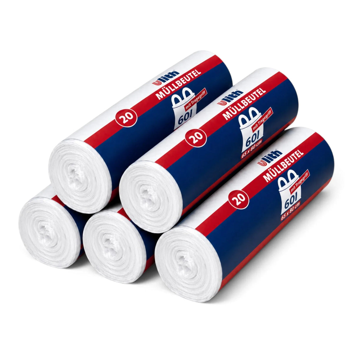 Mehrere aufgerollte Müllbeutel 60 l in Stapel, blau-rote Umverpackung