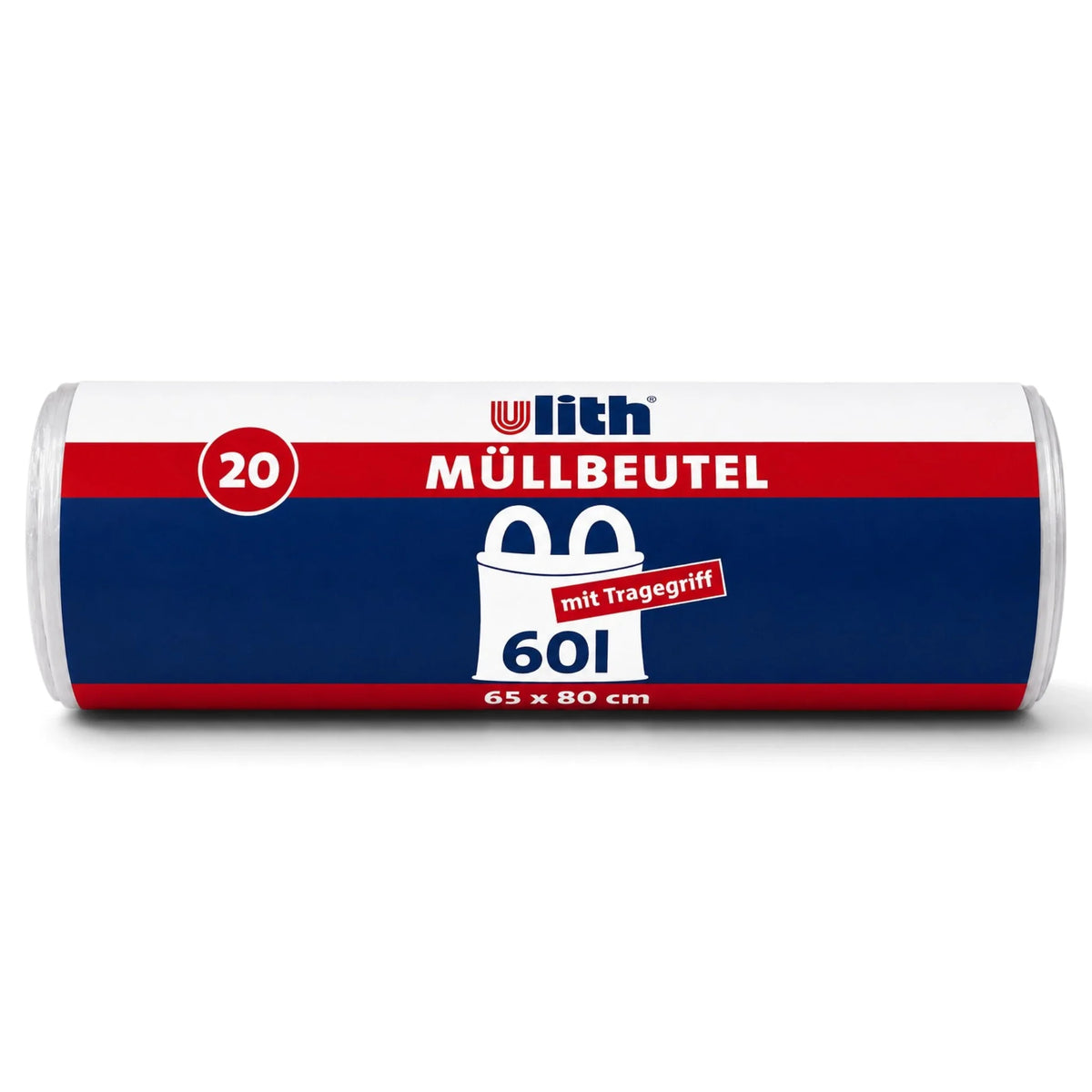 Müllbeutel-Rolle 60 l mit Tragegriff, weißer Beutel, blaues Etikett