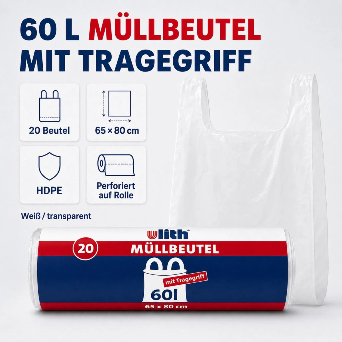 Müllbeutel-Rolle 60 l mit Tragegriff, reißfest, weiß/transparent, HDPE