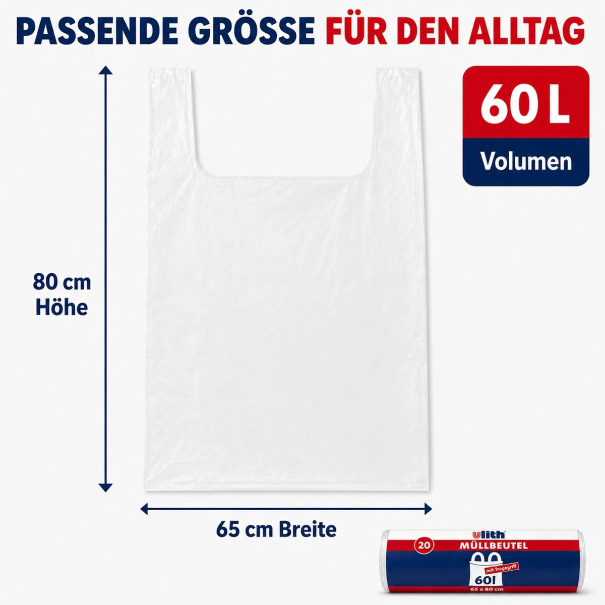 Müllbeutel 60 l, weiß/transparent, mit Tragegriff, Maße 65 x 80 cm