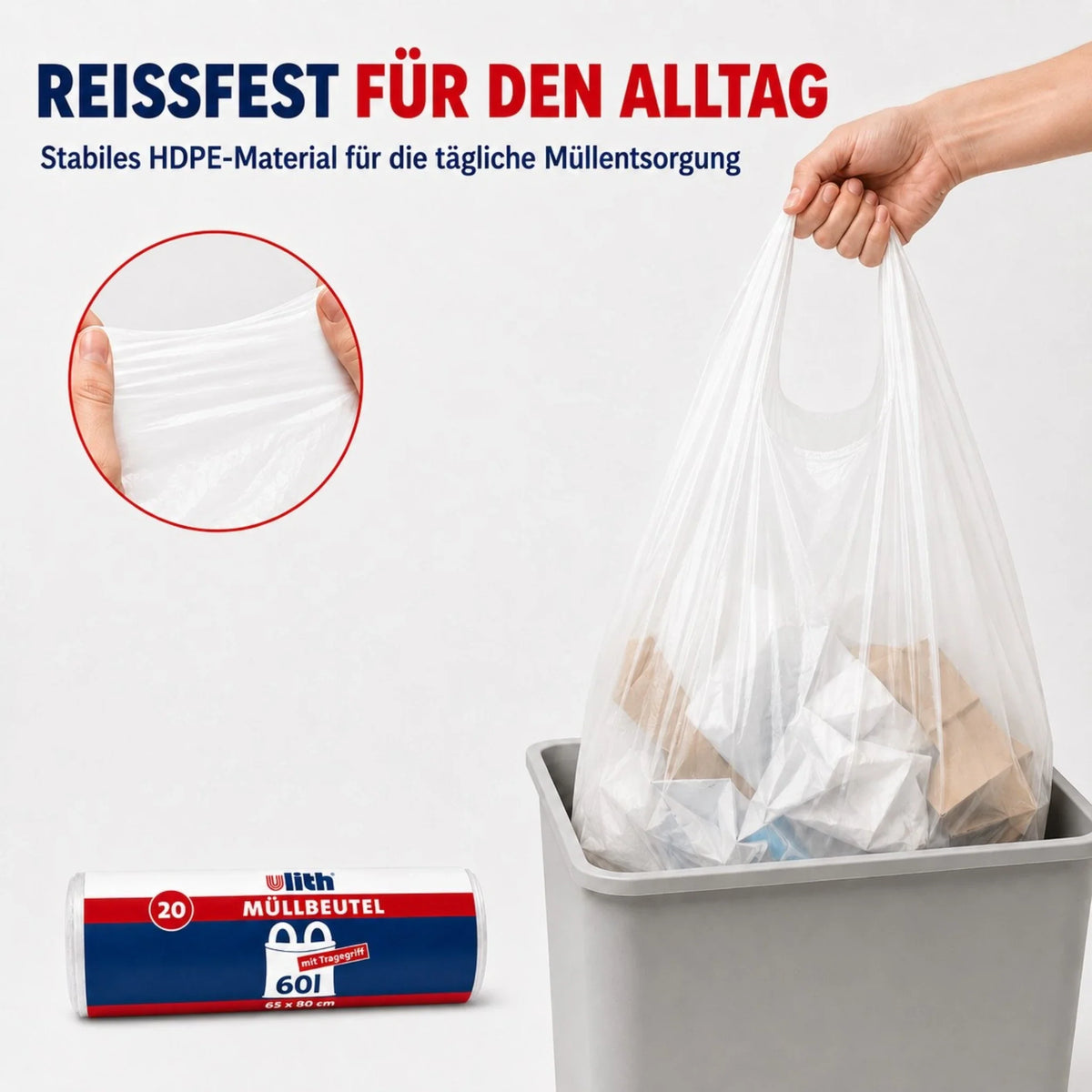 Reißfester Müllbeutel, weiß/transparent, mit Tragegriff, aufgerollt