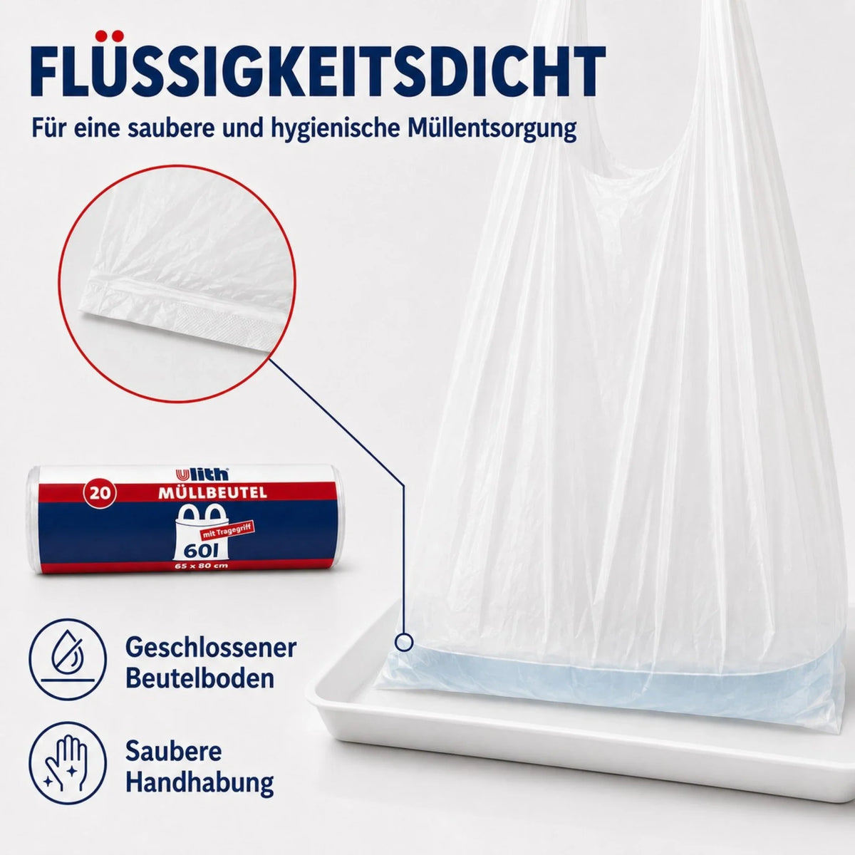Flüssigkeitsdichter Müllbeutel 60 l, weiß/transparent, mit Tragegriff