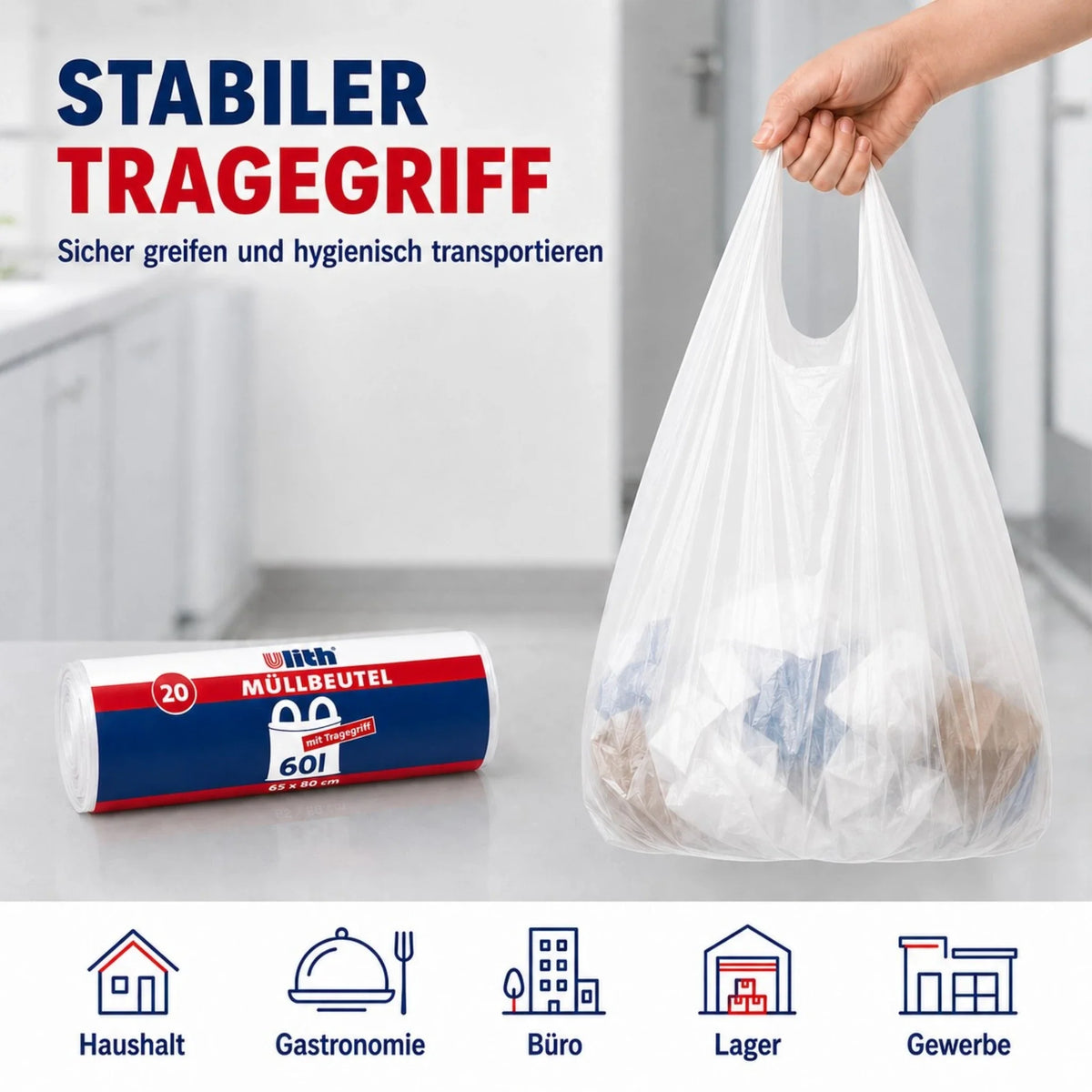 Müllbeutel mit stabilem Tragegriff, weiß/transparent, zum Hygienischen Transport